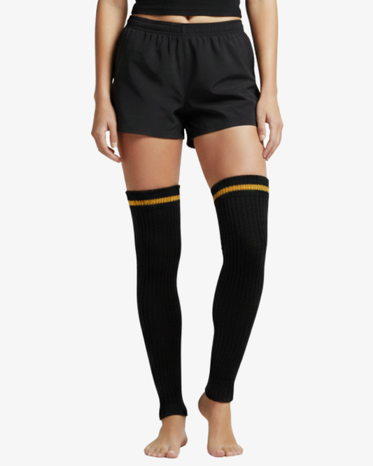 Pair of Black Knitted Leg Warmers with Gold Stripe Accent