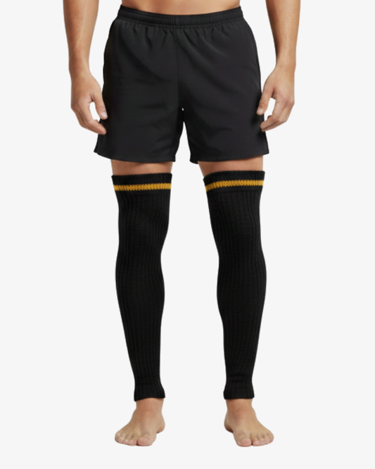 Pair of Black Knitted Leg Warmers with Gold Stripe Accent